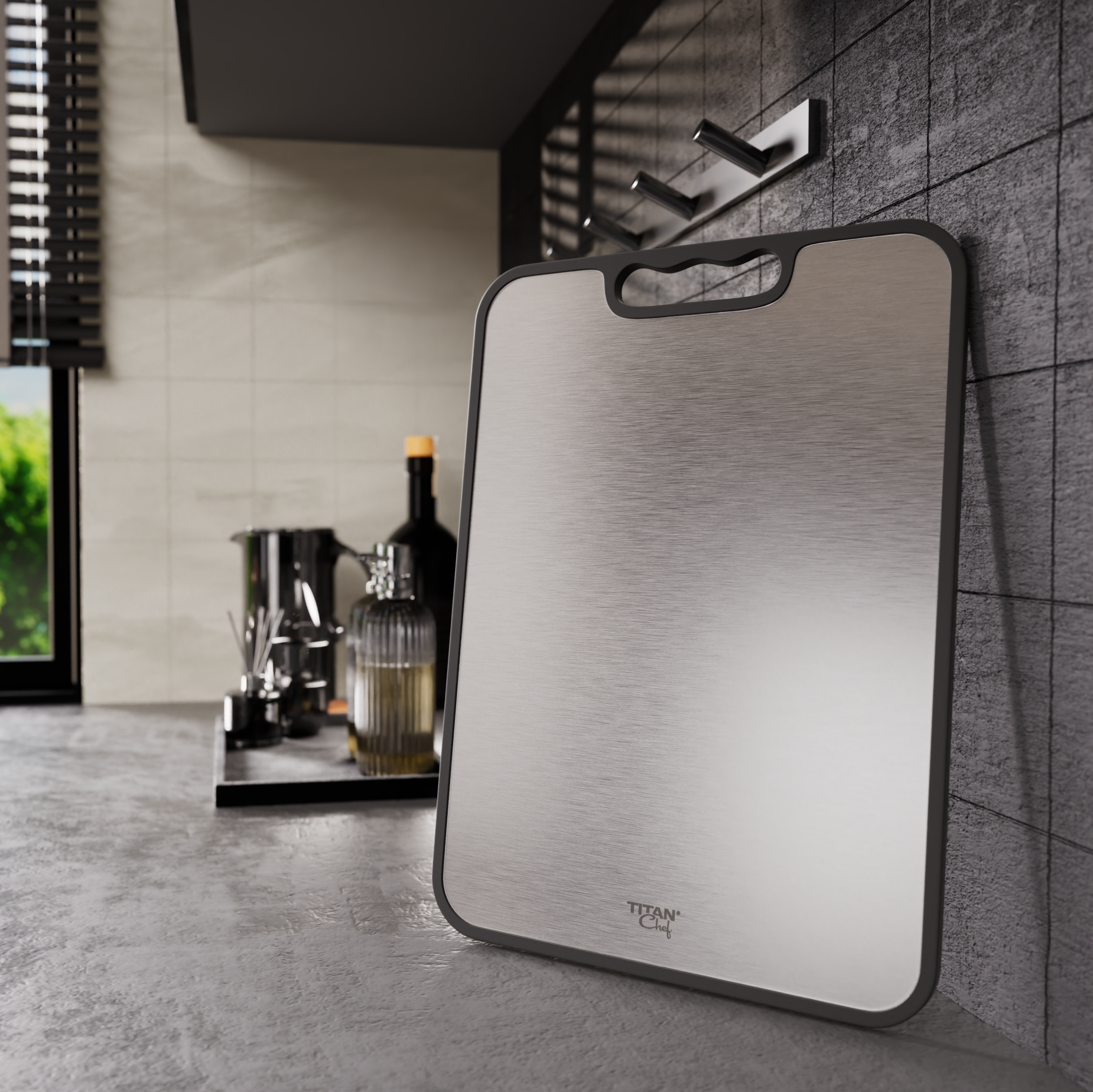 TitanChef PRO RVS snijplank met saprand op aanrecht in moderne keuken