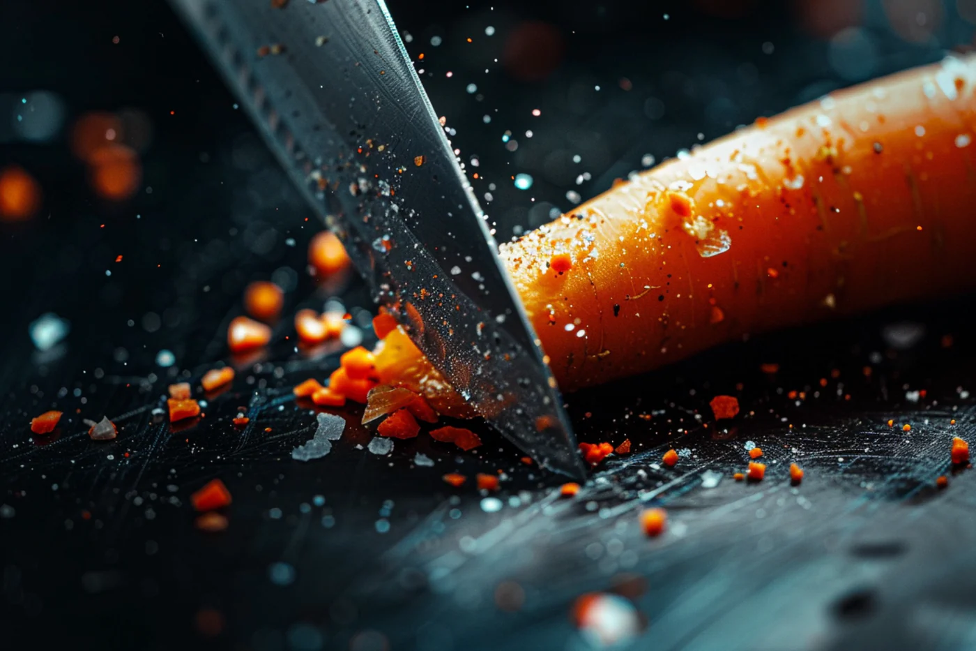 Donkere close-up van mes dat wortel snijdt op een RVS snijplank – illustratie van plasticvrije, hygiënische TitanChef snijplank