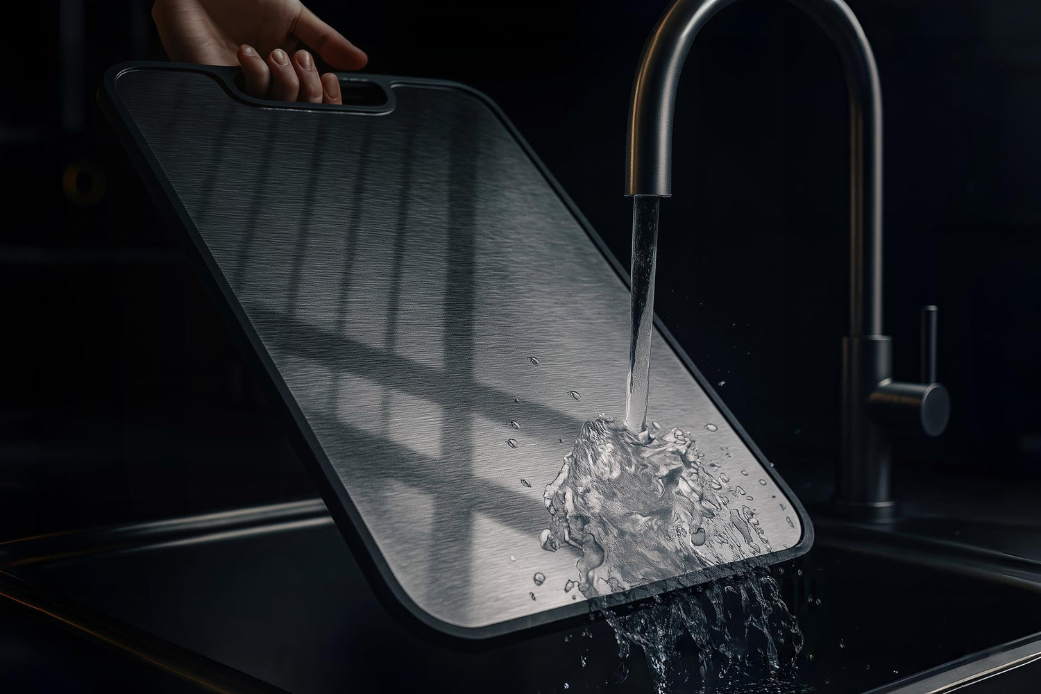 Donkere close-up van een TitanChef RVS snijplank die wordt afgespoeld onder stromend water, met realistische reflecties en geborsteld staaloppervlak, symbool voor hygiëne en onderhoudsgemak.