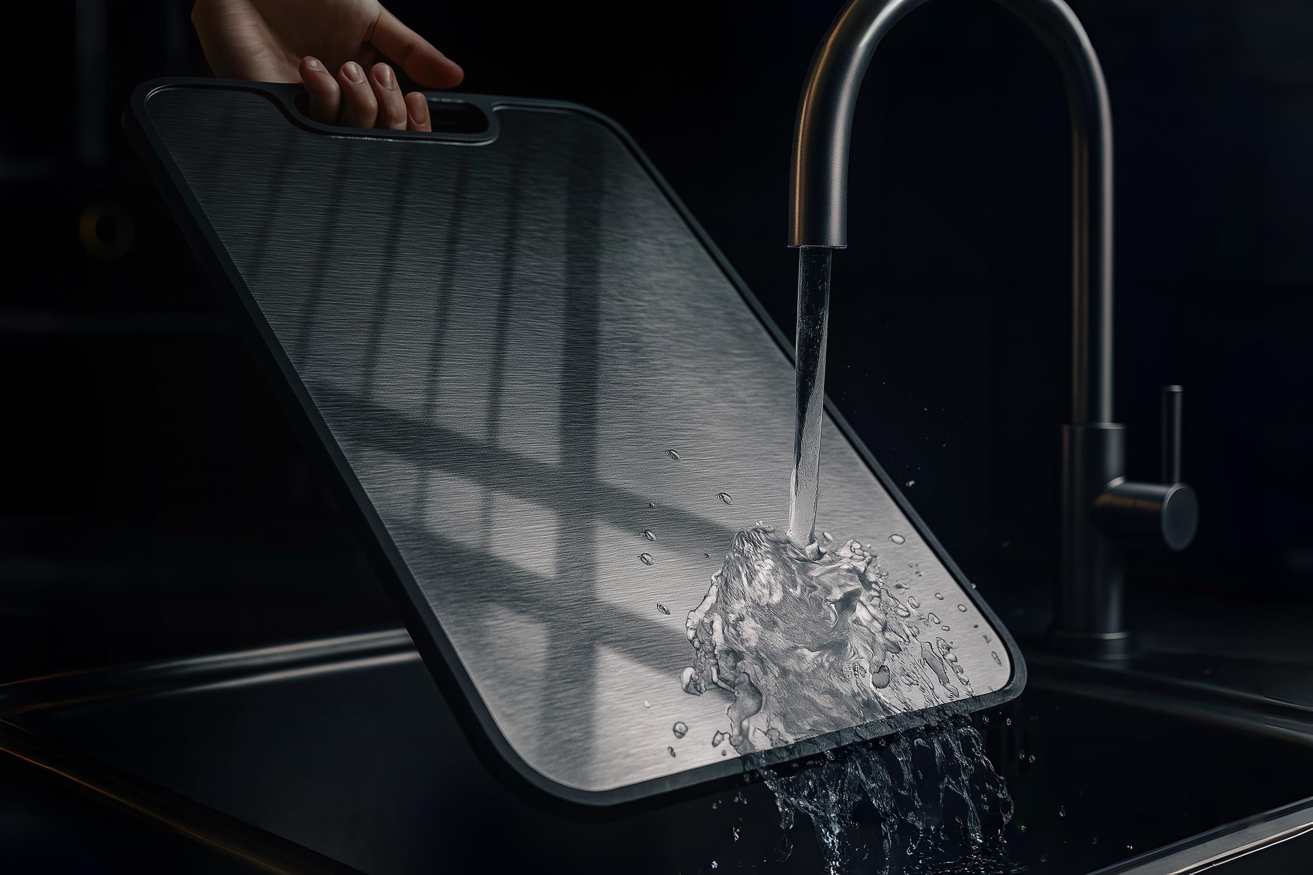 Donkere close-up van een TitanChef RVS snijplank die wordt afgespoeld onder stromend water, met realistische reflecties en geborsteld staaloppervlak, symbool voor hygiëne en onderhoudsgemak.