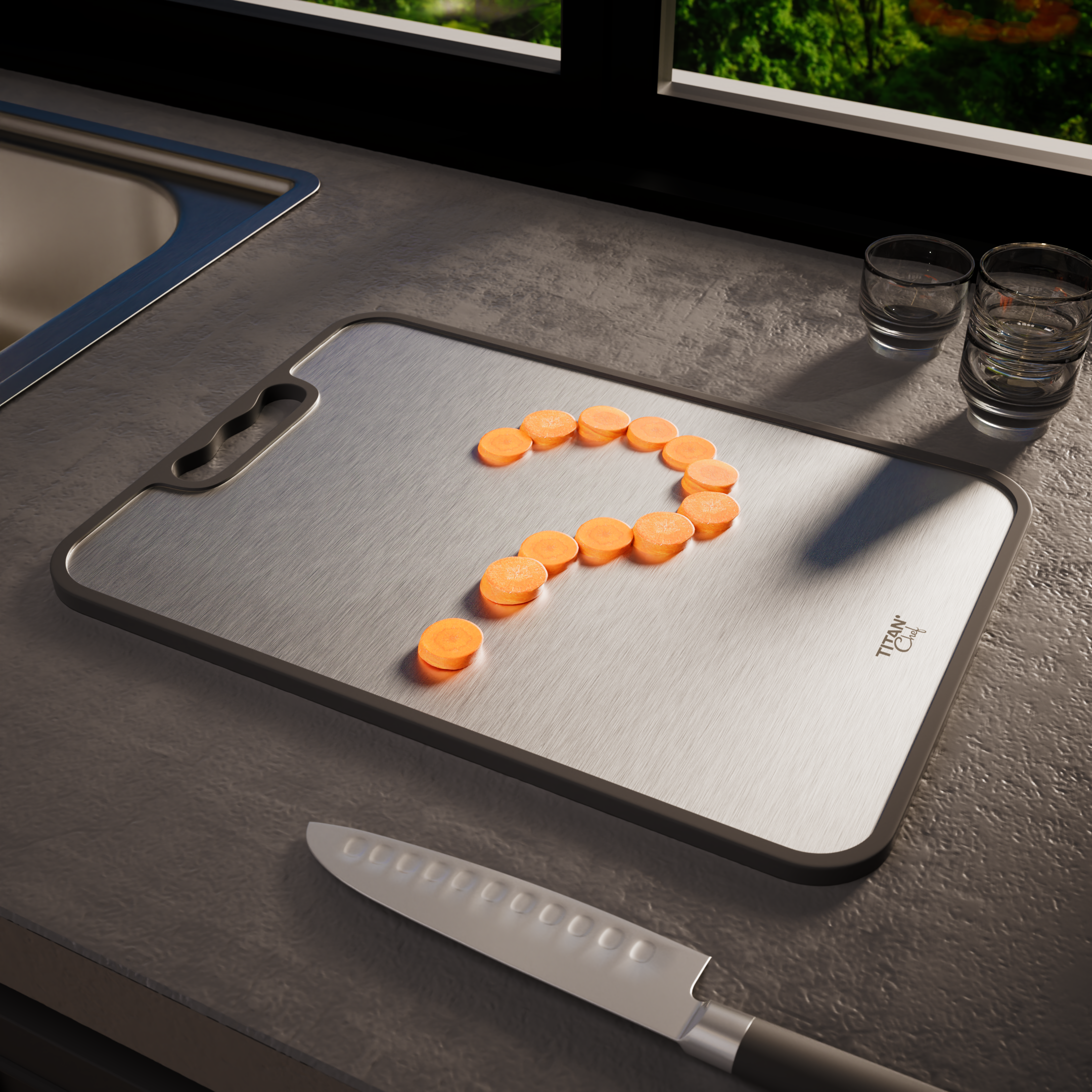 TitanChef RVS snijplank op een aanrecht, met wortelschijfjes in de vorm van een vraagteken.
